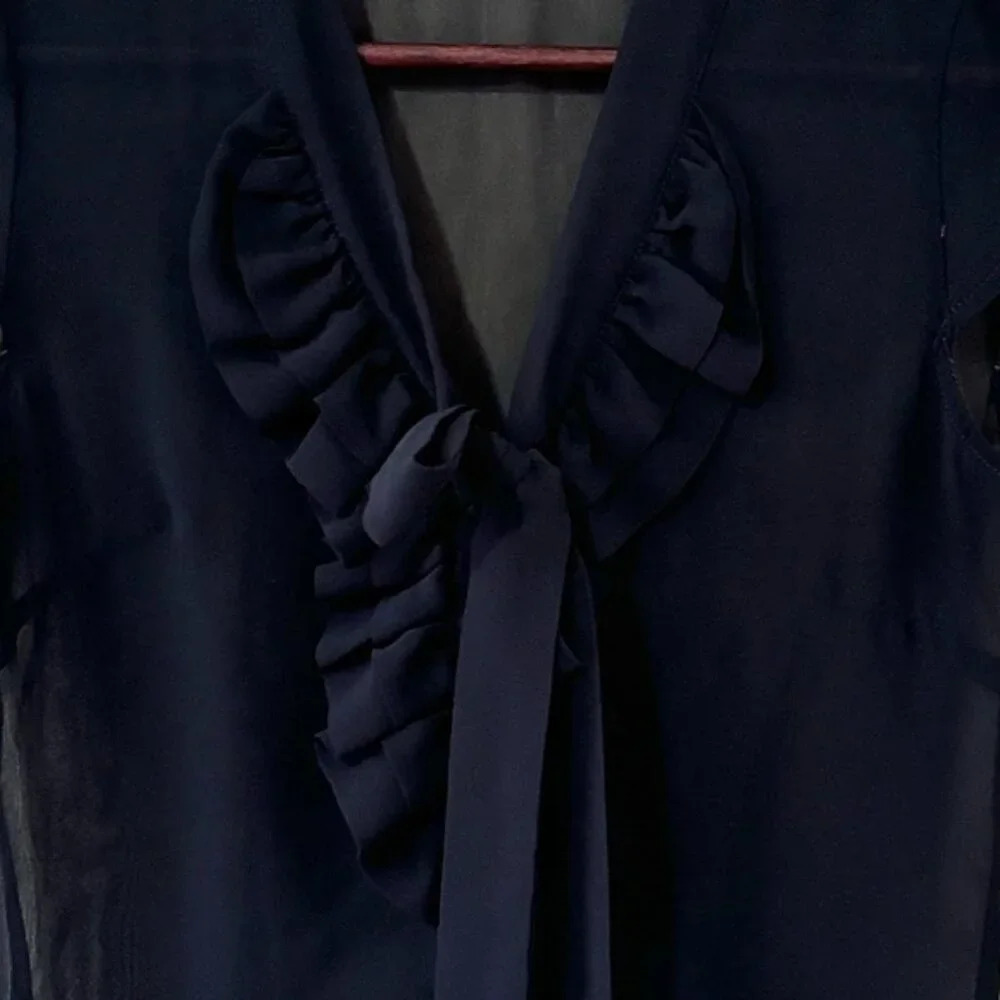 •SOLD•|H&M| Sheer Black Cap Sleeve Ruffle Neck-Bow Top Size S - Picture 2 of 5